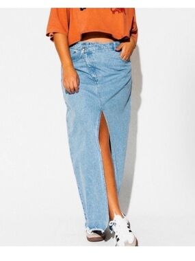 Dressed in LALA Light Blue Denim Maxi Skirt with Front Slit